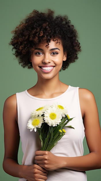 Zwarte vrouw met bloemboeket bloemenwinkel