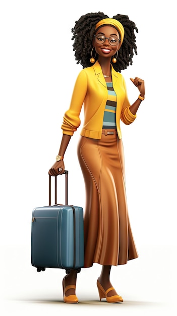 Zwarte vrouw met een koffer in casual kleding
