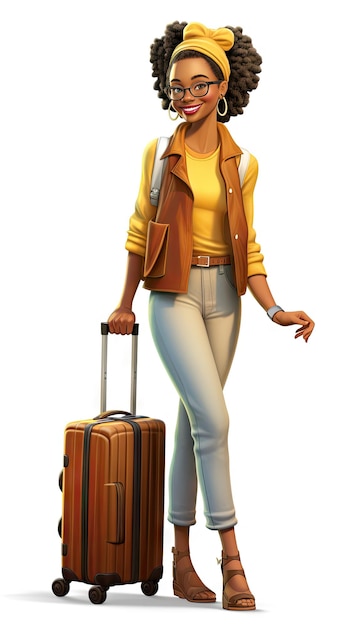Zwarte vrouw met een koffer in casual kleding