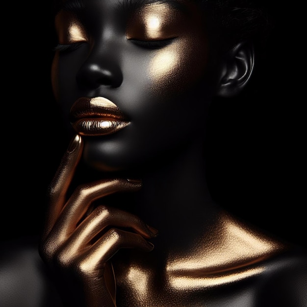 Zwarte vrouw met gouden lippen op zwarte achtergrond