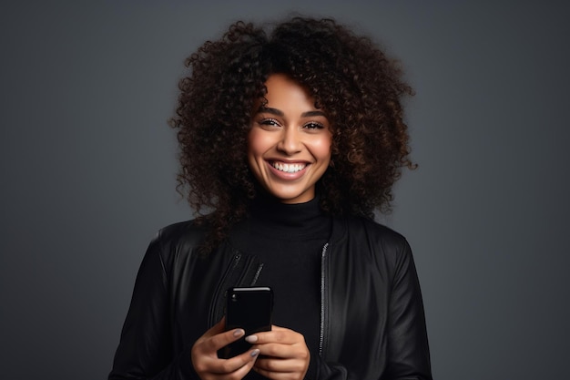 Zwarte vrouw met telefoon op de achtergrond van de studio