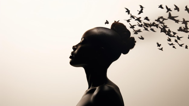 Zwarte vrouw met vogels die zich uit het hoofd verspreiden concept van geestelijke gezondheid AI Gegenereerde inhoud