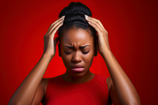 zwarte vrouw model met stress en een hoofdpijn houdt haar hoofd met haar handen in de studio