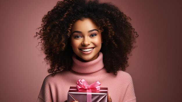 Zwarte vrouw opgewonden met cadeau doos en viering speciale gebeurtenis en geluk