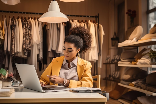 Zwarte vrouw schrijft in haar laptop in haar kledingwinkel.