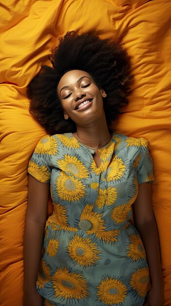 Zwarte vrouw slaapt glimlachend op de matras