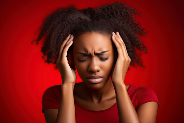 Zwarte vrouwelijk model met stress en hoofdpijn die haar hoofd met haar handen vasthoudt in de studio