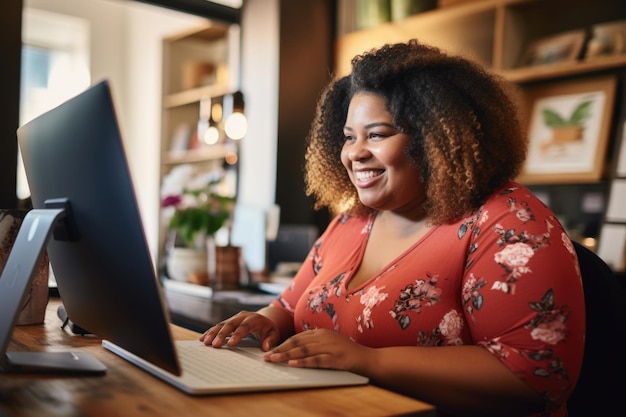 Zwarte vrouwelijke gebruiker met een maatje meer grijnst vrolijk terwijl ze een computer bedient, met haar ogen op het scherm gericht