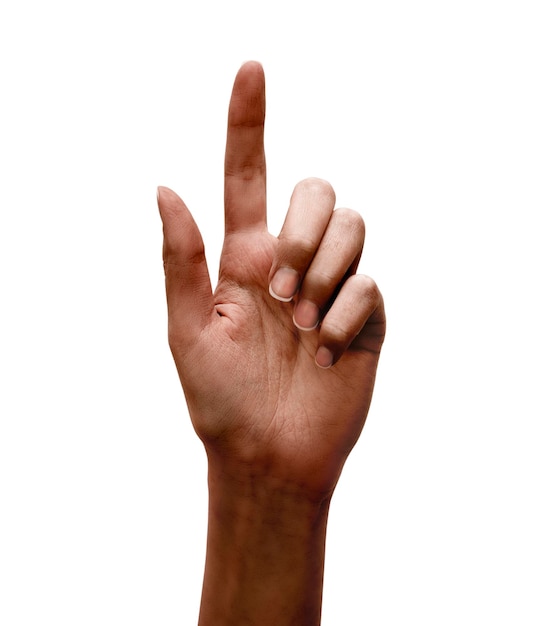 Zwarte vrouwelijke hand wijzend met wijsvinger omhoog op geïsoleerde witte achtergrond