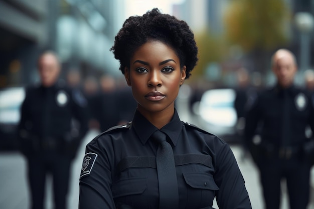 Zwarte vrouwelijke politie en wapens gekruist in de stad voor rechtshandhavingsbescherming of straatveiligheid