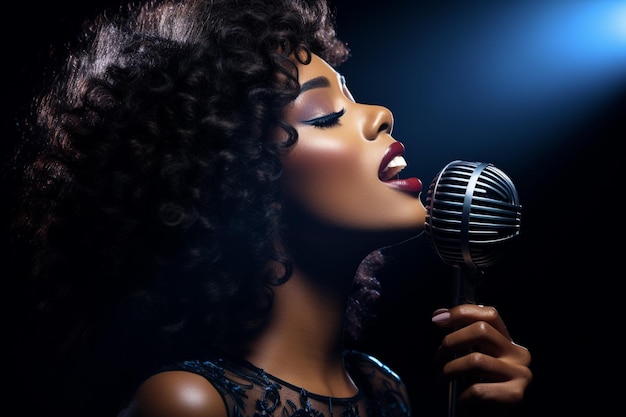 zwarte vrouwelijke zangeres die met een microfoon zingt tegen een donkere achtergrond