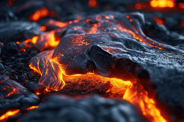 Zwarte vulkanische stenen en vloeiende lava close-up