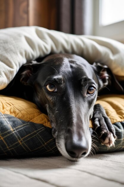 Zwarte windhond die vreedzaam in een hondenbed sliep met zijn hoofd op zijn poten.