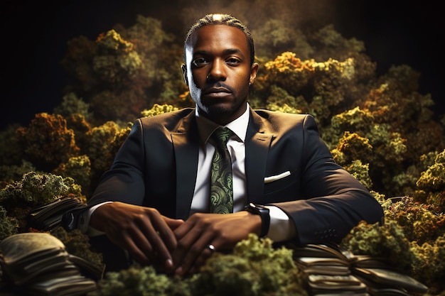 zwarte zakenman zit in een stapel marihuana-cannabisoogst en dollargeld