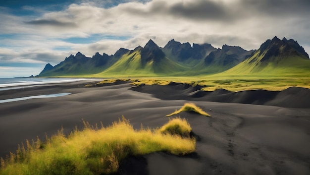 Foto zwarte zandduinen op de kaap stokksnes aan de zuidoostelijke ijslandse kust met vestrahorn