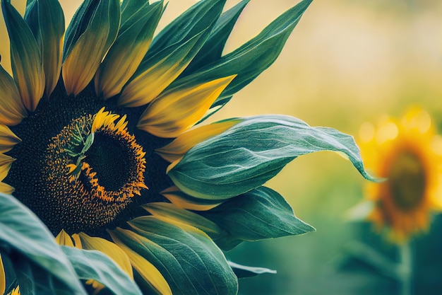 Zwartharige zonnebloemkern omlijst door felgroene bloemblaadjes