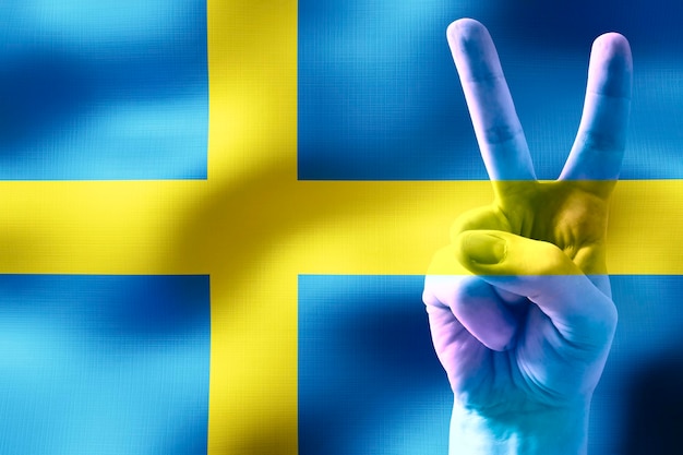 Zweden twee vingers tonen vredesteken en nationale vlag