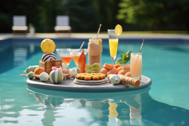 Zwembad floaties en Franse cocktails arrangement gemaakt met generatieve AI