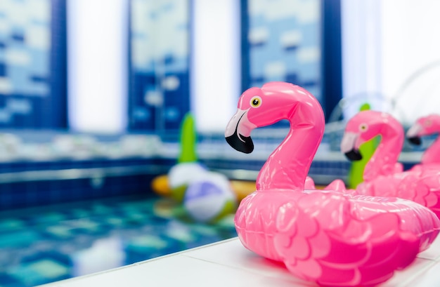 Zwembad in de kleuterschool Opblaasbare roze flamingo aan de zijkant van het zwembad