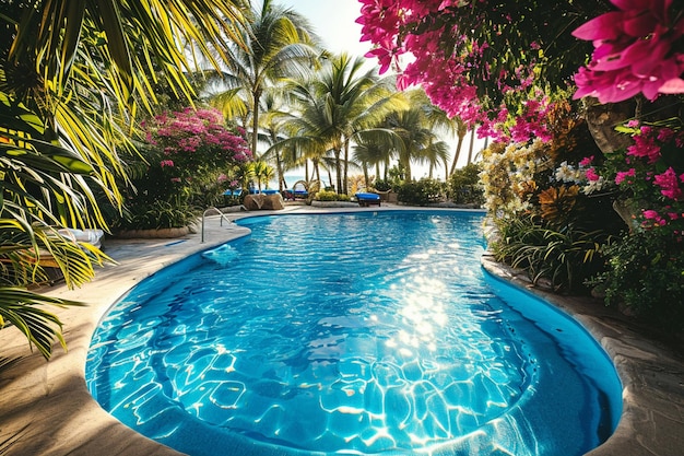 Zwembad met blauw water en tropische tuin met uitzicht op de zee op de achtergrond