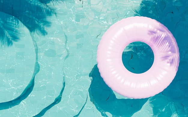 Zwembad met blauwe bodem met ronde trap van boven gezien met een roze vlotter en schaduw van palmbomen. 3D render