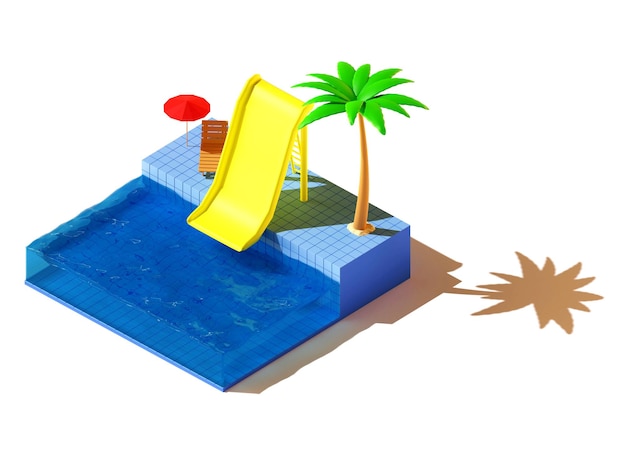 Zwembad met glijbaan en palm 3d render illustratie