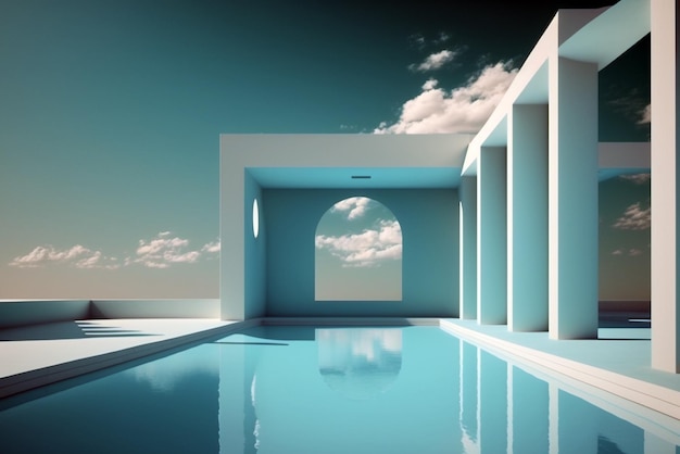 Zwembad met hedendaagse architectuur op een zonnige dag Genera