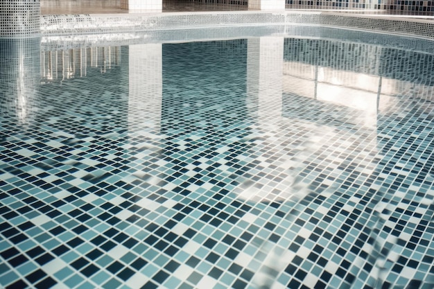 Zwembad met rimpelingen en reflecties omgeven door sprankelende tegels gemaakt met generatieve AI