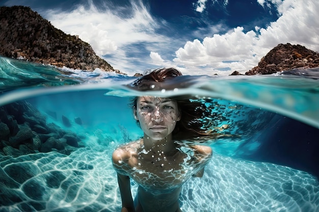 Zwemmen in kristalhelder water Fitness low-impact oefening zwemmen voordelen watertherapie ontspanning natuurlijke schoonheid zwemkleding watersport Generatief van AI