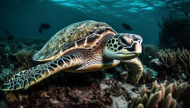 Zwemmen met bedreigde zeeschildpadden in een rustig onderwaterparadijs gegenereerd door AI