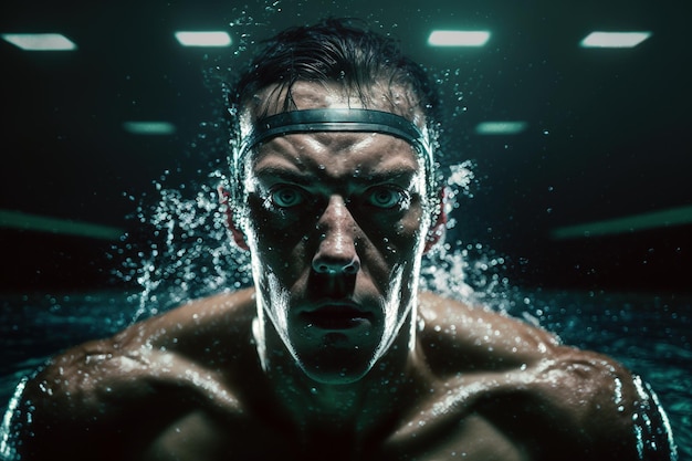 Zwemmende sportman gespierde man in een donkere omgeving in het water bespat met water Ai gegenereerd