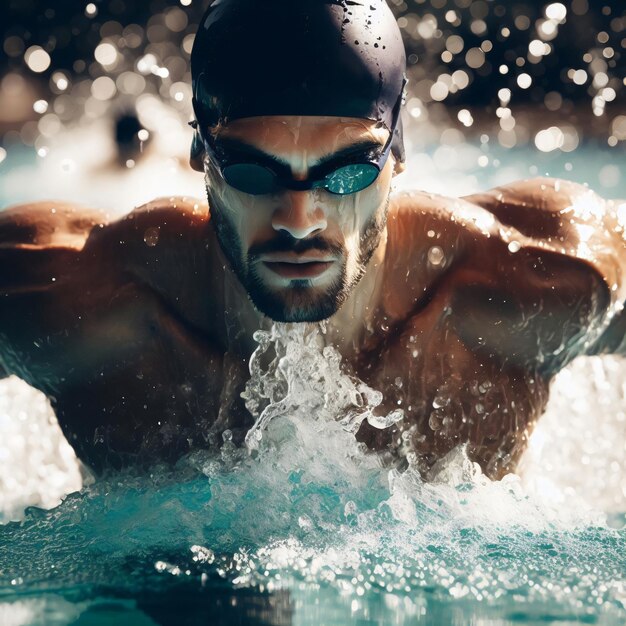 Zwemmer in beweging vangt de essentie van vastberadenheid AI gegenereerd
