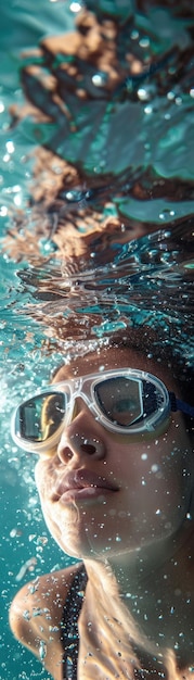 Zwemmer met waterdichte draagbare tech onder water schot kristalhelder koele blauwe tonen hyper realistisch