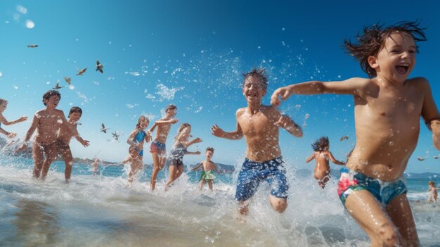 Foto zwemmers spetteren en het strand is een leuke achtergrond.