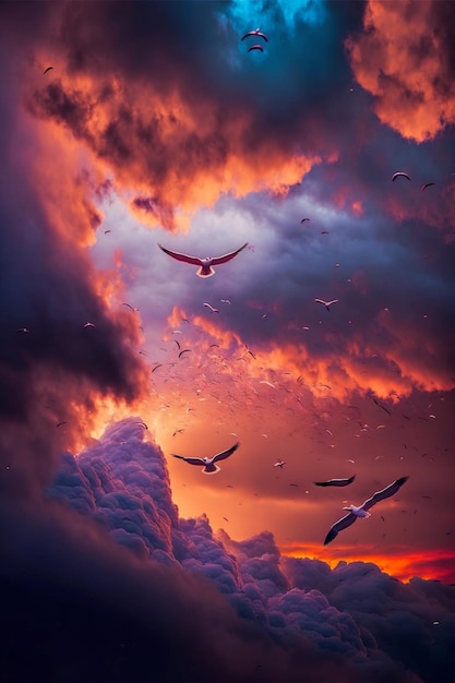 Zwerm vogels die door een bewolkte lucht generatieve ai vliegen