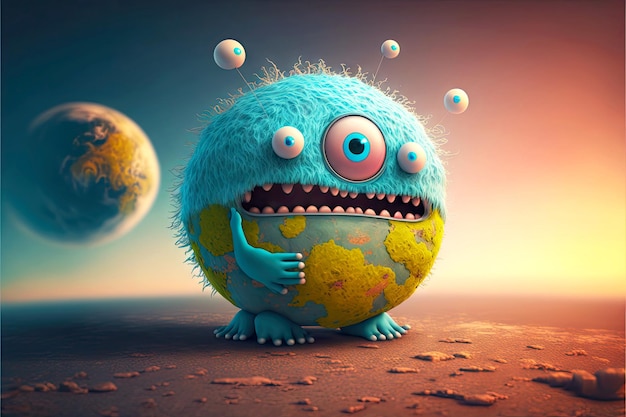 Zwervende eenzame planeet schattig grappig monster generatieve ai