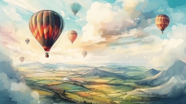 Foto zwevend door de wolken met een heteluchtballon in aquarelstijl ai generatief