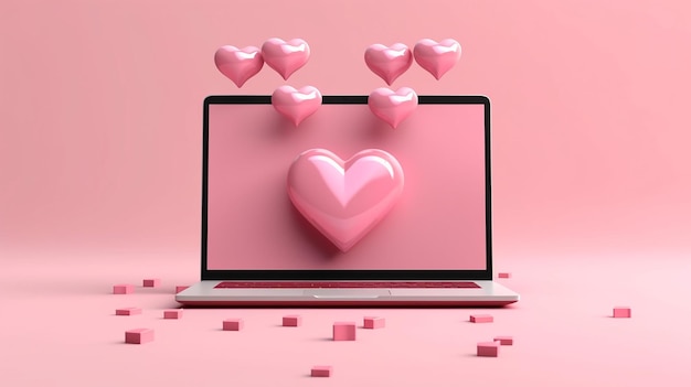 Zwevend laptop leeg scherm met cadeau hart lint generatieve AI