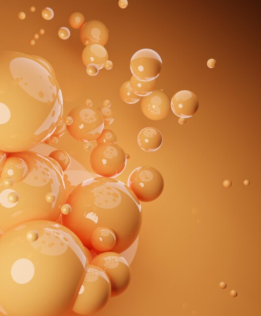 Zwevende hangende oranje ballen in de oranje background.3D render van glanzende bollen. Pastelkleuren pantone. Abstracte achtergrond. Wetenschap natuurkunde glanzende ballen moderne kunst pop.Kopieer de lege ruimte