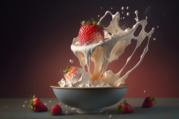 Zwevende heerlijke dessertroom en rijpe rode aardbeien Vegan Yoghurt Generative AI