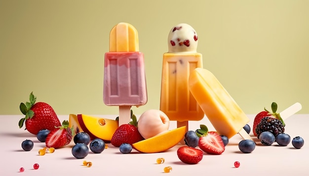 Zwevende ijslolly's met fruit en bessen op pastel achtergrond gratis copyspace voor tekst Vliegend ijs zomerdessert bevroren vruchtensap AI gegenereerde afbeelding