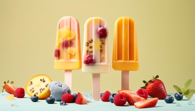 Zwevende ijslolly's met fruit en bessen op pastel achtergrond gratis copyspace voor tekst Vliegend ijs zomerdessert bevroren vruchtensap AI gegenereerde afbeelding