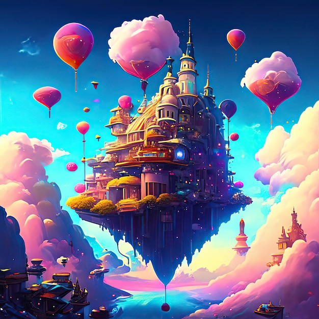 Zwevende Steampunk-stad in de lucht met kleurrijke gebouwenwolken en heteluchtballonnen