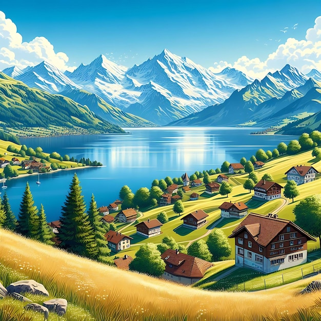 Zwitsers dorp met een meer