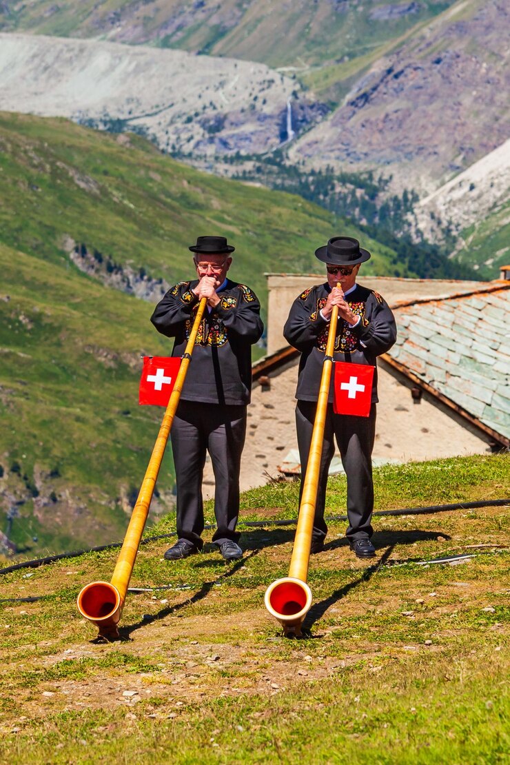 Zwitserse alpenhoornblazers in Zwitserland