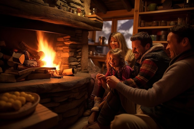 Zwitserse Alpenhut Gezellige familiemomenten bij een rustieke open haard in de winter