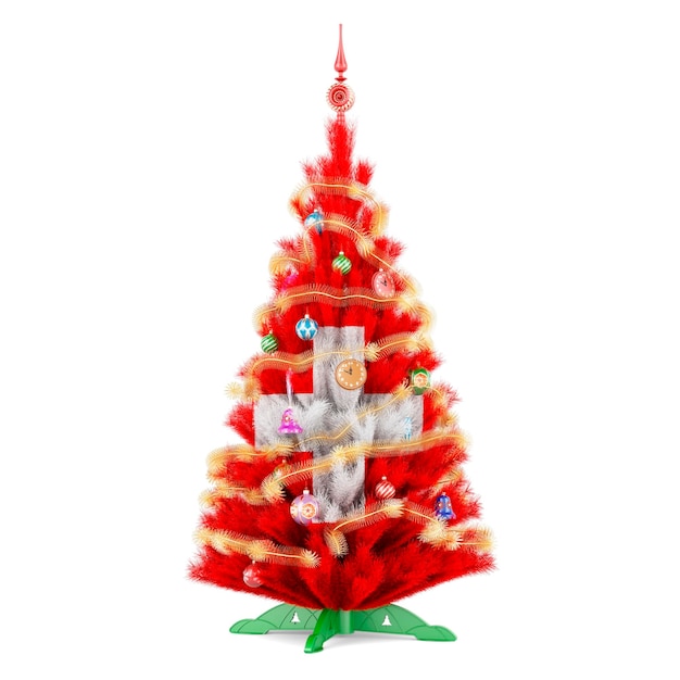 Zwitserse vlag geschilderd op de kerstboom 3D-weergave geïsoleerd op witte achtergrond