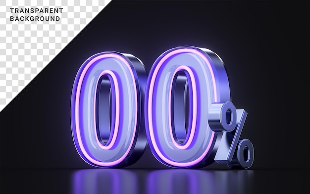 0 percent interest offer icon with metal neon glowing light on dark background 3d illustration