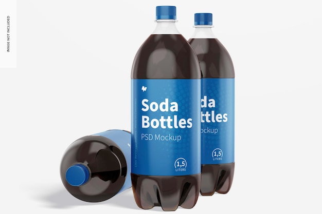 Mockup di bottiglie di soda da 1,5 litri, in piedi e caduto