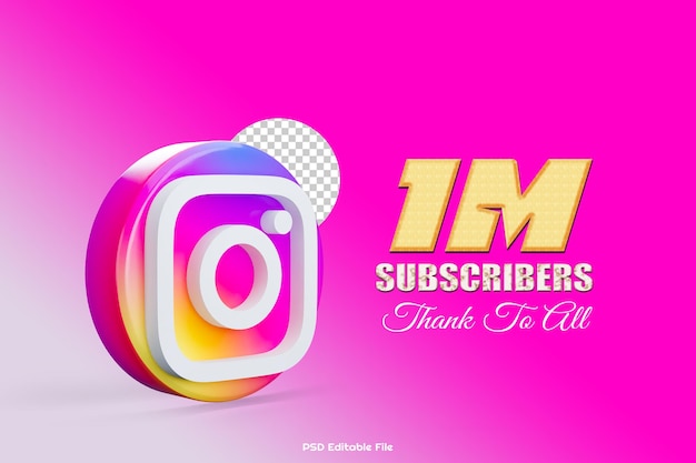 1 milione di abbonati su instagram post con logo 3d di instagram con sfondo trasparente